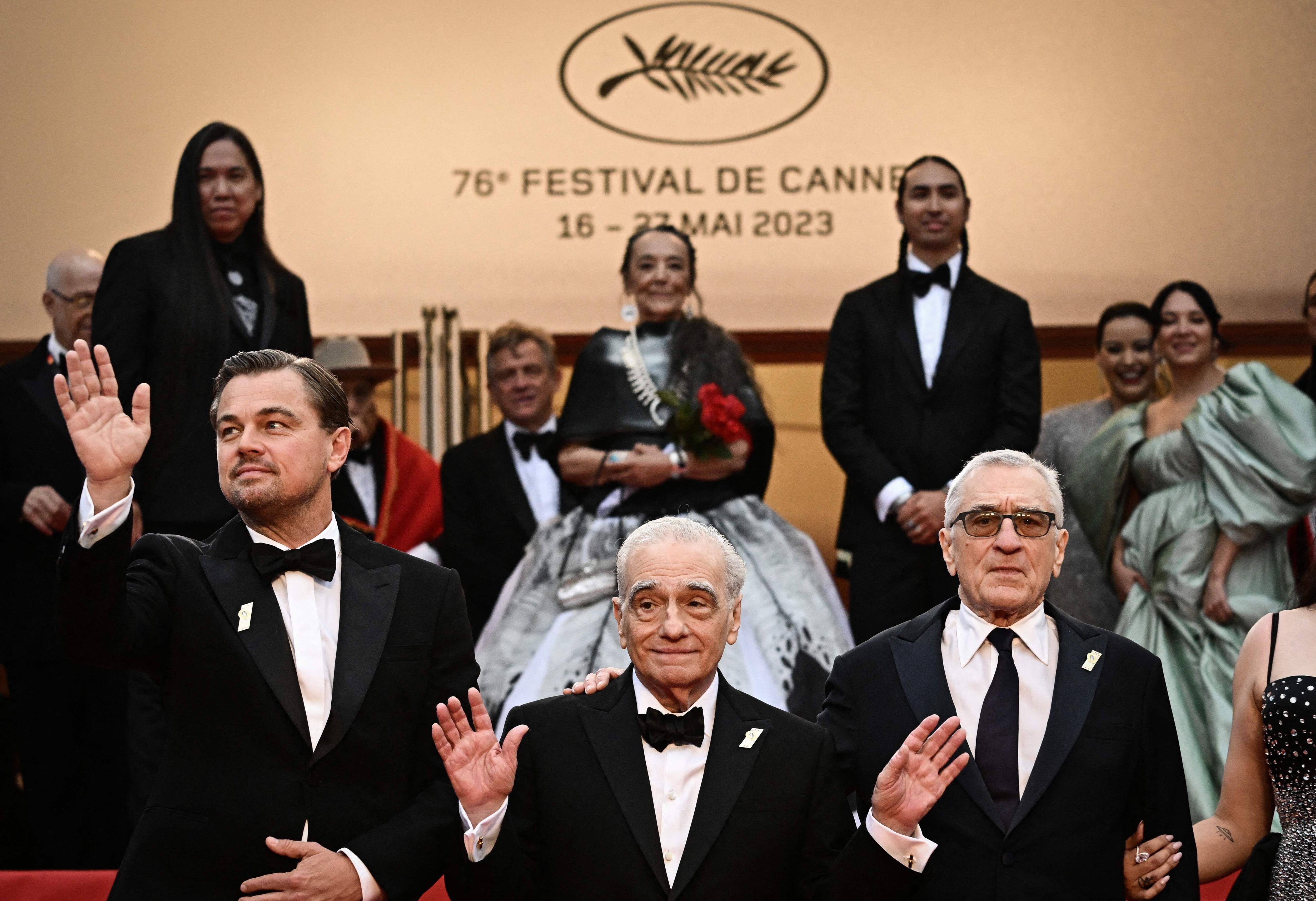 Leonardo Dicaprio, Martin Scorsese y Robert de Niro, en la sesión de gala del sábado por la noche de 'Killers of the Flower Moon'.