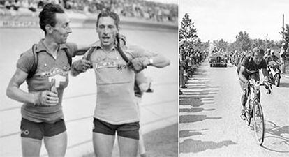 Ferdinand Kubler (de frente) conversa con un gregario tras ganar, tubular de respuesto a la espalda, el Tour de 1950. A la derecha, Hugo Koblet.