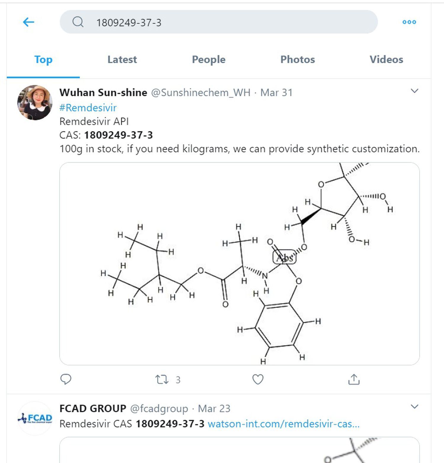 Los medicamentos falsos para “curar el coronavirus” se venden por kilos en Internet 1 Captura de pantalla de las ofertas de remdesivir en Twitter.