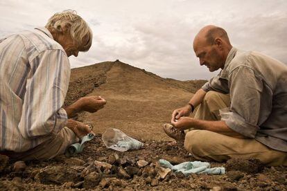 Los paleoantropólogos Meave Leakey y Fred Spoor recogen fósiles en Kenia.