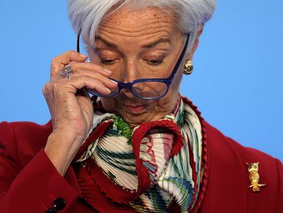 Christine Lagarde, presidenta del BCE, ayer durante la rueda de prensa.