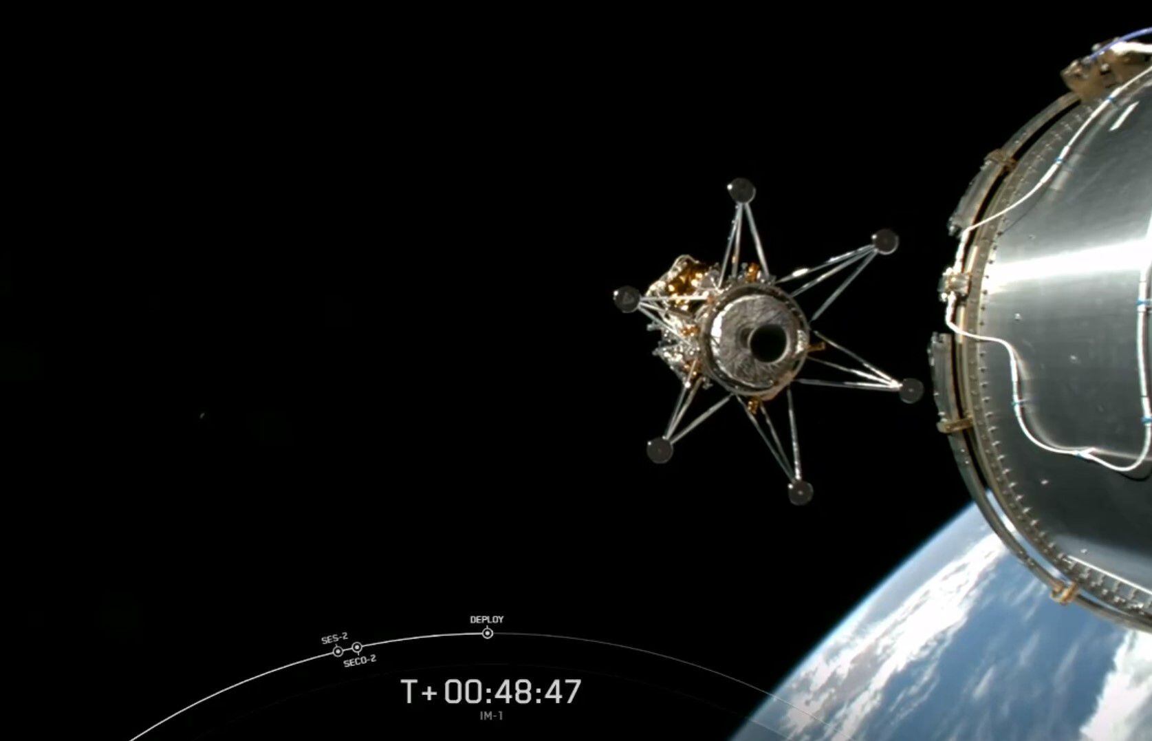 'Odiseo', con sus seis patas, se separa del cohete de SpaceX rumbo a la Luna, un pequeño punto a la izquierda.