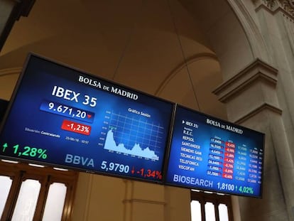 Panel del Ibex 35 en la Bolsa de Madrid