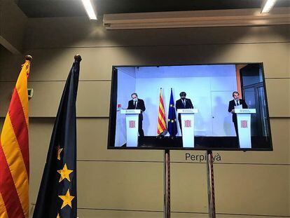 Los expresidentes de la Generalitat Artur Mas, Carles Puigdemont y Quim Torra en la rueda de prensa de Perpiñán. 







EUROPA PRESS
09/10/2020
