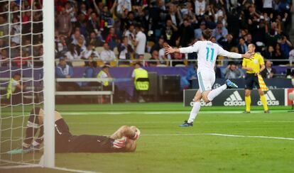 Gareth Bale tras marcar el tercer gol del Real Madrid tras un error del portero del Liverpool.