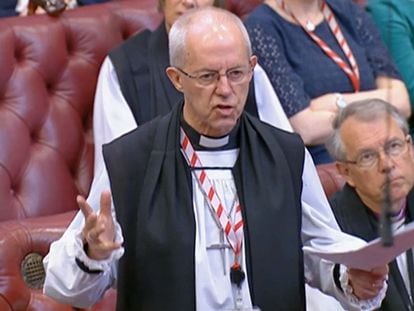 El arzobispo de Canterbury, Justin Welby, durante su intervención sobre la ley migratoria en la Cámara de los Lores, este miércoles en Londres.