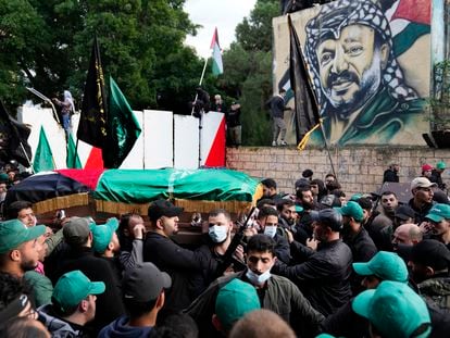 Funeral de Saleh al Aruri, número dos de Hamás, este jueves en Beirut.