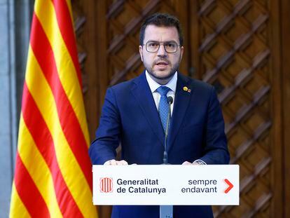 El presidente de la Generalitat, Pere Aragonès, durante su comparecencia de este miércoles en la que ha anunciado el adelanto de las elecciones catalanas.