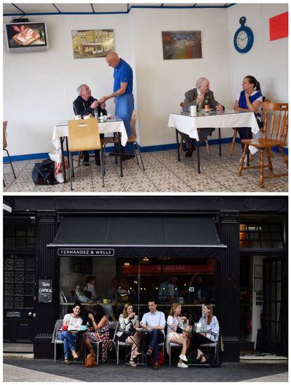 Clientes del 'Capaldi's Café' en Kensington, Liverpool (arriba) el 20 de mayo de 2017 y clientes del 'Fernández&Wells Café' en Kensington, Londres, el 29 de mayo de 2017.