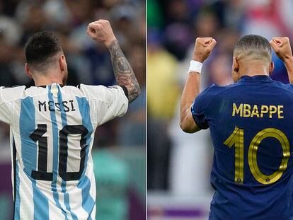 Lionel Messi celebra su tercer gol frente a Croacia el día 13 (izquierda) y Mbappé, el paso a final, el día 11.