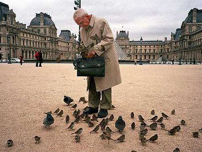 Un hombre da de comer a unas palomas frente al Museo del Louvre de París, en una imagen tomada en 2004.