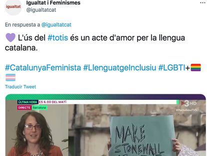 Tuit de la consejera de Igualdad y Feminismos, Tània Verge, a propósito del uso de 'totis'.