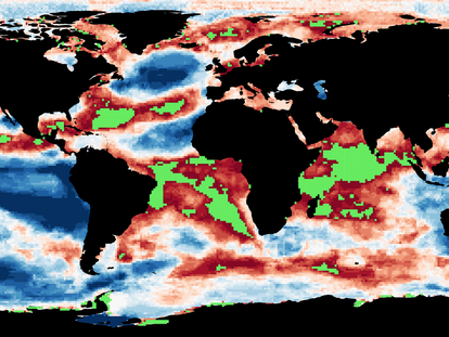 El mapa muestra las cuadrículas que más extremos térmicos sufren, en verde, y las que menos, en azul.