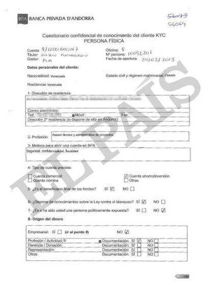 Cuestionario de confidencialidad del exgerente de PDVSA Luis Bastidas Ramírez para abrir una cuenta en la BPA a nombre de la mercantil panameña Gilson Foundation.