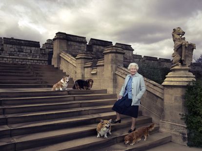 Queen Elizabeth II and her corgis, portrayed by Annie Leibovitz at Windsor Castle in 2016 on the occasion of the British monarch's 90th birthday.