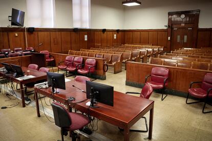 In a March 12 photo, a courtroom with Judge Juan Manuel Merchan presiding over it in New York. 