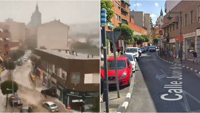 La calle Juan de la Cierva de Arganda del Rey, una de las más afectadas por la riada, en uno de los vídeos más virales de la jornada de tormentas y en comparación a la vista en Google Maps.