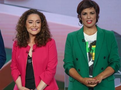 La candidata de Por Andalucía, Inmaculada Nieto, y la de Adelante Andalucía, Teresa Rodríguez, en el segundo debate electoral de los comicios andaluces a seis, el 13 de junio en Sevilla.