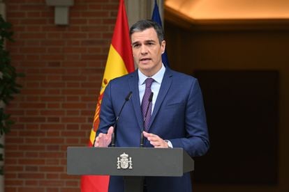 El presidente del Gobierno, Pedro Sánchez, este lunes durante el anuncio de convocatoria de elecciones para el 23 de julio.