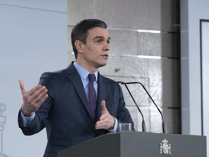 El presidente del Gobierno, Pedro Sánchez, en la comparecencia del sábado 4 de abril.