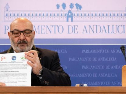 El portavoz del grupo parlamentario de Vox, Alejandro Hernández, este lunes en el Parlamento andaluz.