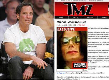 A la izquierda, Harvey Levin, director de TMZ.com; arriba, página de la <i>web</i> en la que se daba la noticia de la muerte de Michael Jackson.