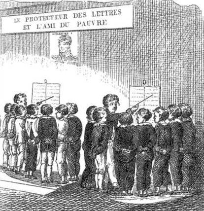 Los monitores de la Escuela mutua hacen recitar a sus compañeros (hacia 1810)