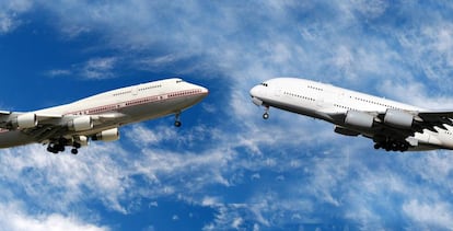 Fotomontaje de un Boeing 747 y un Airbus A380.