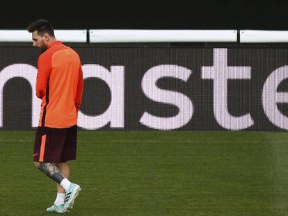 Messi, en la sesión previa al duelo ante el Sporting.