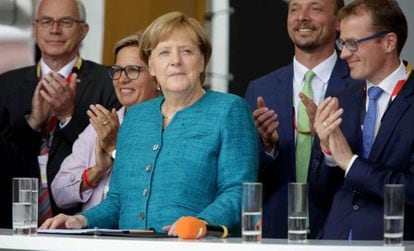 La canciller Angela Merkel durante un acto electoral este jueves en Annaberg-Buchholz, Alemania.