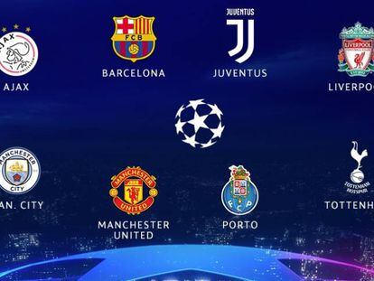 Los escudos de los ocho equipos clasificados para los cuartos de final de la Champions League.