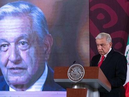 El presidente de México, Andrés Manuel López Obrador, durante la conferencia de prensa, el 25 de marzo 2024.