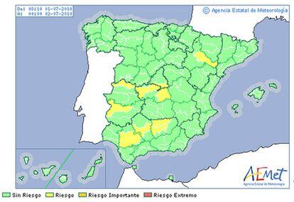 Zaragoza, Madrid, Toledo, Cáceres, Badajoz, Jaén, Córdoba y Sevilla, en alerta amarilla.