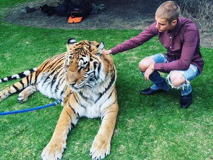 Justin Bieber, junto al tigre, en la fotograf&iacute;a publicada en su Instagram.