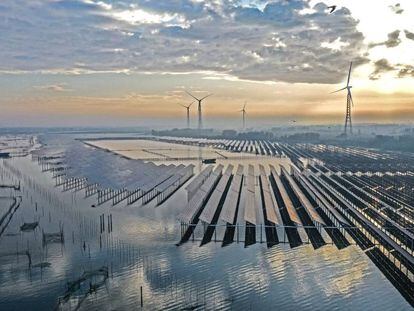 La combinación de generadores de energía fotovoltaica y piscifactorías en Sihong, China. 