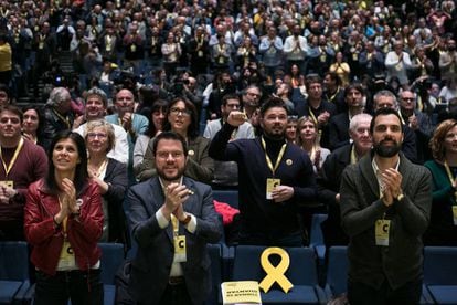 Desde la izquqierda, Marta Vilalta, Pere Aragonès, Roger Torrent y Gabriel Rufián, este sábado en el congreso de ERC.