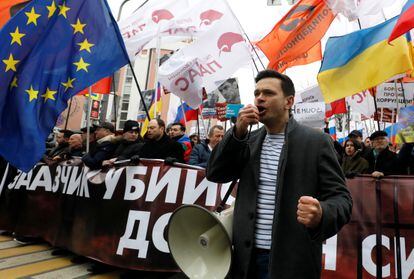 El opositor ruso Ilia Yashin, en una manifestación en el quinto aniversario de la muerte de Boris Nemtsov, celebrada en Moscú en febrero de 2020.