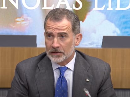 El rey Felipe VI, en una captura de pantalla durante su intervención en la cumbre empresarial organizada por la CEOE, el 24 de junio en Madrid.