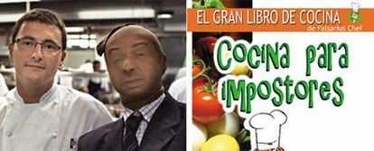 El cocinero Andoni Luis Aduriz con Álvarez Rabo y portada del libro de Falsarius Chef.