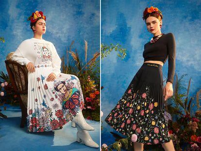 Dos mujeres modelan prendas de la nueva línea de Shein inspirada en Frida Kahlo.