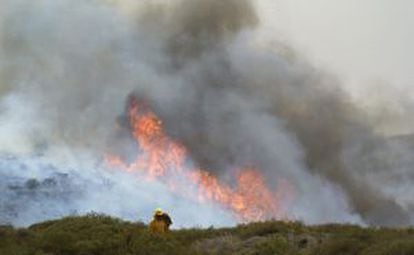 Un bombero ayer junto a las llamas del incendio forestal declarado en Alajer&oacute; (La Gomera).