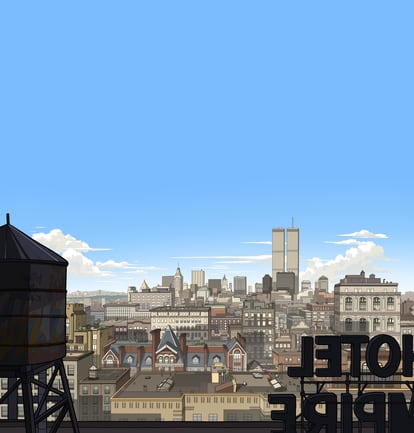 Uno de los fondos de 'Robot Dreams': desde el tejado en Chelsea se ven las Torres Gemelas.