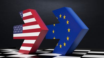 Banderas de Estados Unidos y la Unión Europea.