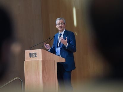 Pablo Hernández de Cos, gobernador del Banco de España, durante su intervención en el foro IESE Banking, este miércoles en Madrid.