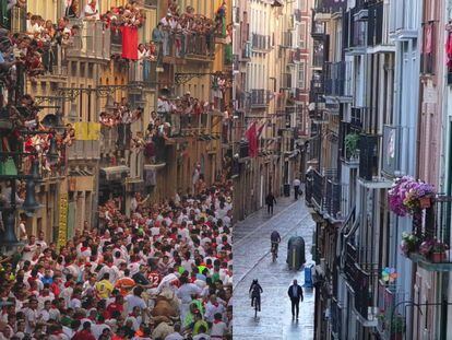 Vista de la curva de Mercaderes en San Fermín en 2013 (a la izquierda) y en 2020 (a la iderecha).