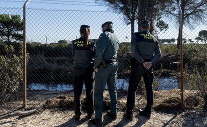 Agentes de la Guardia Civil inspeccionan una balsa ilegal en Lucena del Puerto (Huelva) este martes.