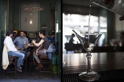 Mesas y una copa de Martini en la barra del 1862 Dry Bar, en la madrileña calle del Pez.