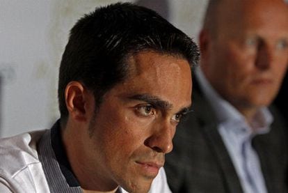 Alberto Contador, en enero, durante una conferencia de prensa sobre su supuesto dopaje.