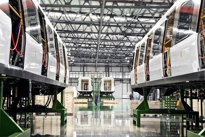 Trains under construction in one of the Chinese CRRC factories.