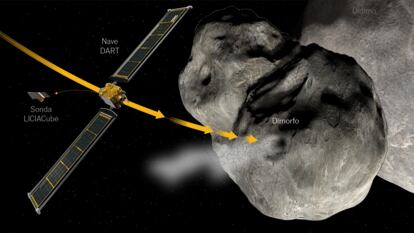 La sonda DART frente a Dídimo, una roca de 780 metros de diámetro, y su pequeña luna Dimorfo.